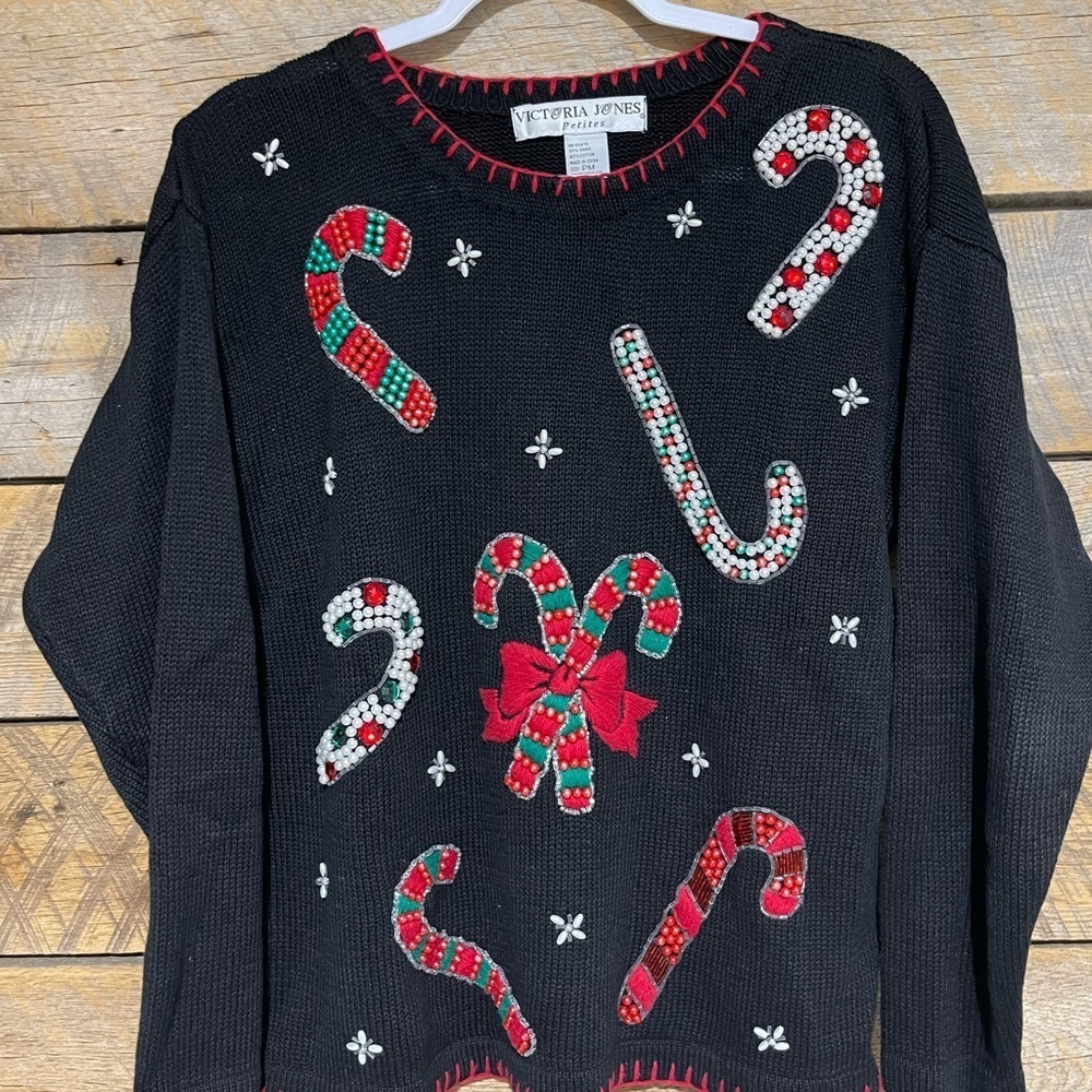 Vtg Victoria Jones Christmas Sweater Womens Petite Med Candy Cane Beaded Holiday